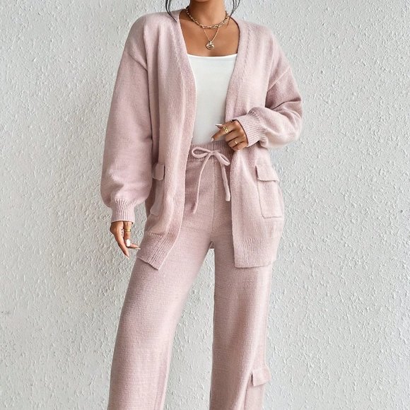 . Sweaters - Pink Casual Womens Drop Shoulder Cardigan & Tie Front Knit Pants